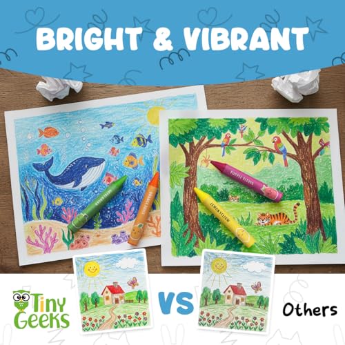 TinyGeeks Jumbo Crayons for Toddlers 3-8 – 18 Non-Toxic, Washable Crayons with Coloring Sheets
