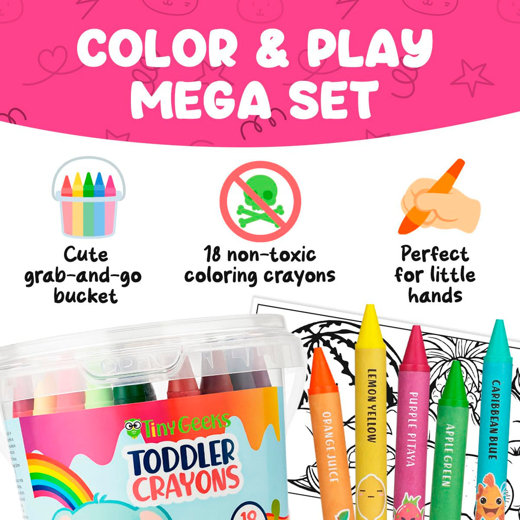 TinyGeeks Jumbo Crayons for Toddlers 3-8 – 18 Non-Toxic, Washable Crayons with Coloring Sheets