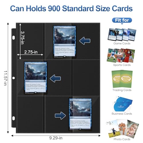 TiopLior 50-Pack 9-Pocket Card Sleeves - 900 Cards Capacity, Black Polypropylene Pages for 3-Ring Binders (Standard Size)
