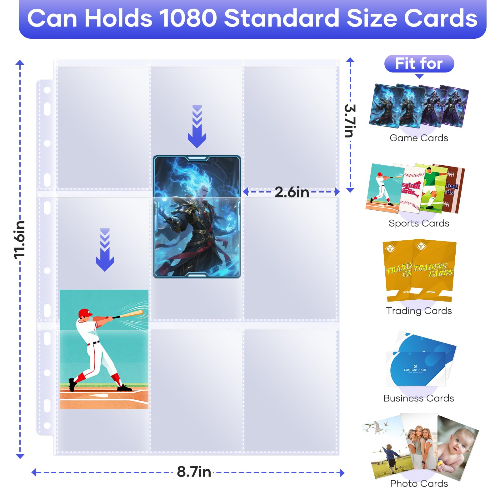 TiopLior 60-Pack 9-Pocket Double-Sided Card Sleeves for 3-Ring Binder – Holds 1080 Cards, Clear Polypropylene