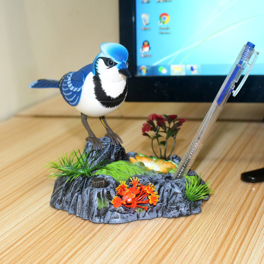 Tipmant Blue & White Electronic Bird Toy - Sound-Activated, Moves and Chirps, Desk Decor with Pen Holder