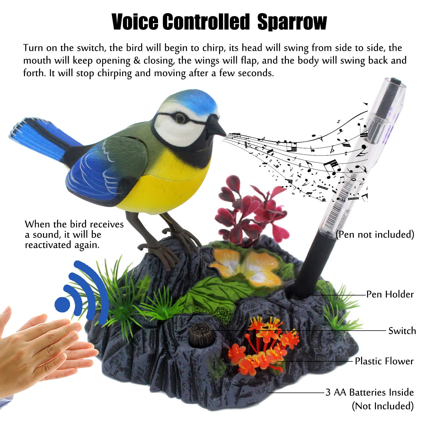 Tipmant Cute Electronic Bird Toy with Voice Control - Realistic Moving & Chirping Desk Decor, Kids Gift (Blue & Yellow)