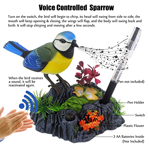 Tipmant Cute Electronic Bird Toy with Voice Control - Realistic Moving & Chirping Desk Decor, Kids Gift (Blue & Yellow)