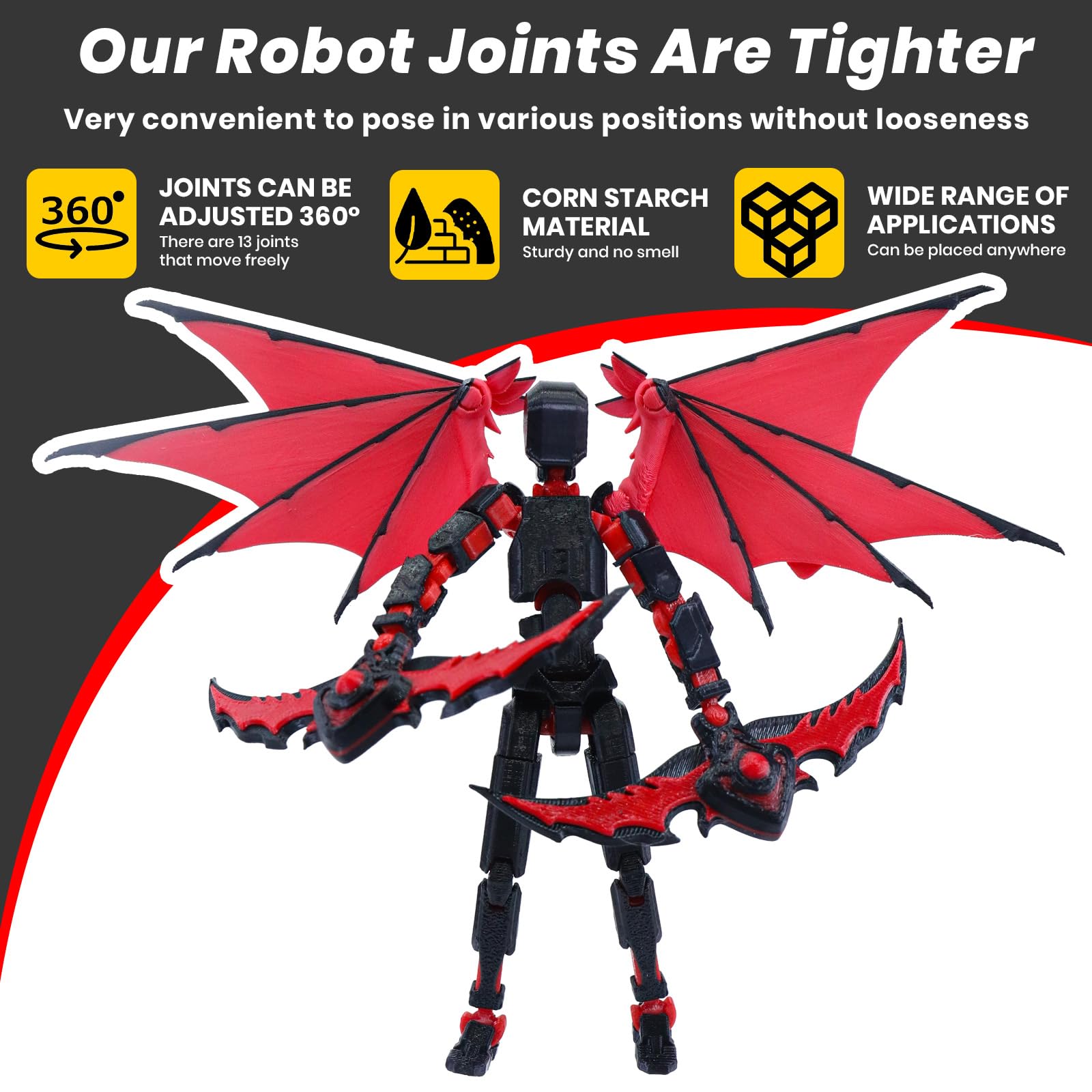 Titan 13 Robot Action Figure - Dummy 13 Articulated with Demon Wings, 3D Printed Poseable Robot Toy (Rose Red)
