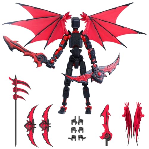 Titan 13 Robot Action Figure - Dummy 13 Articulated with Demon Wings, 3D Printed Poseable Robot Toy (Rose Red)