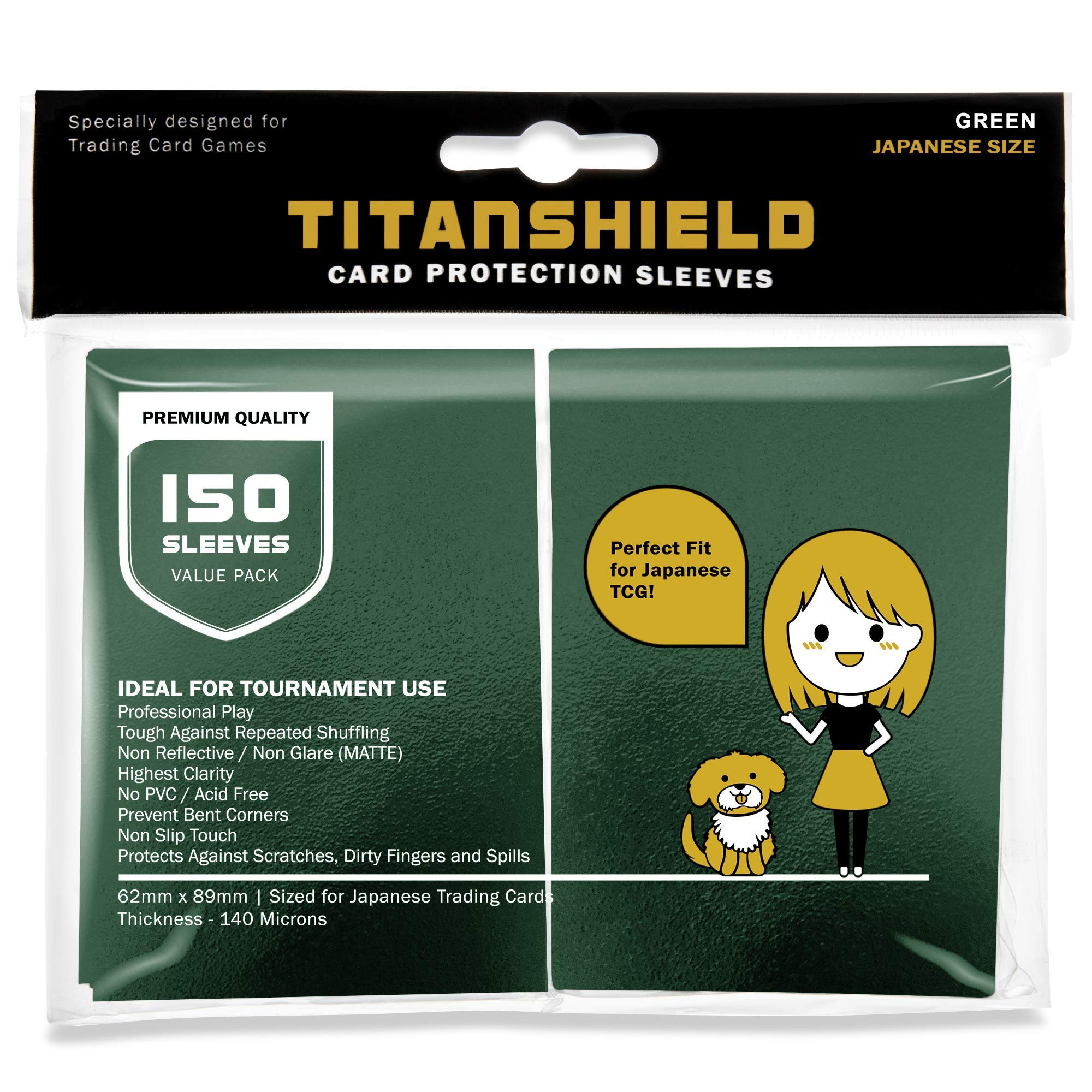 TitanShield 150 Green Japanese-Sized Card Sleeves – 140-Micron Deck Protectors for Yu-Gi-Oh!, Vanguard & More
