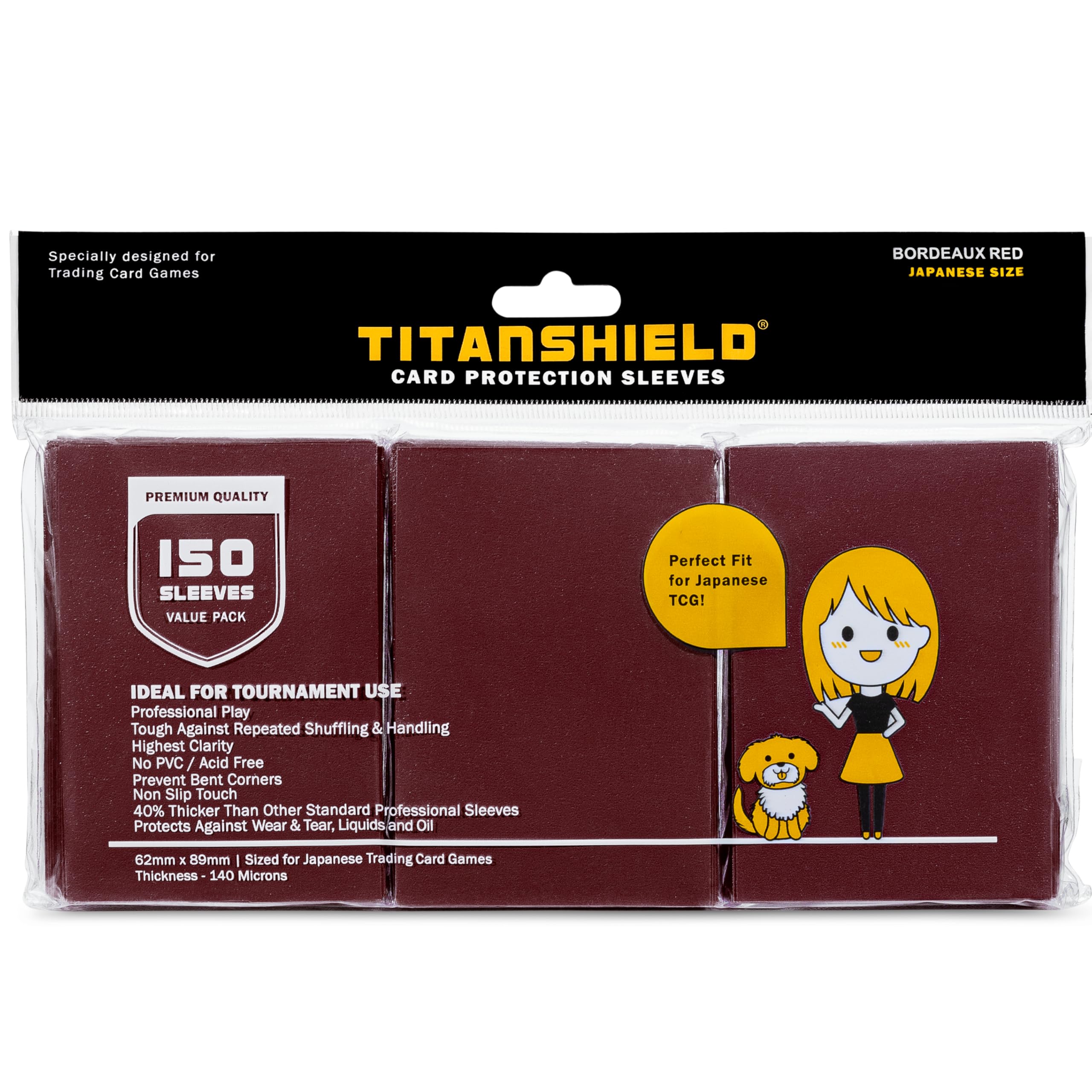 TitanShield 150 Pack Japanese Sized Card Sleeves (Bordeaux Red) – 140 Micron Thick, Anti-Slip, Acid-Free for Yu-Gi-Oh & Vanguard