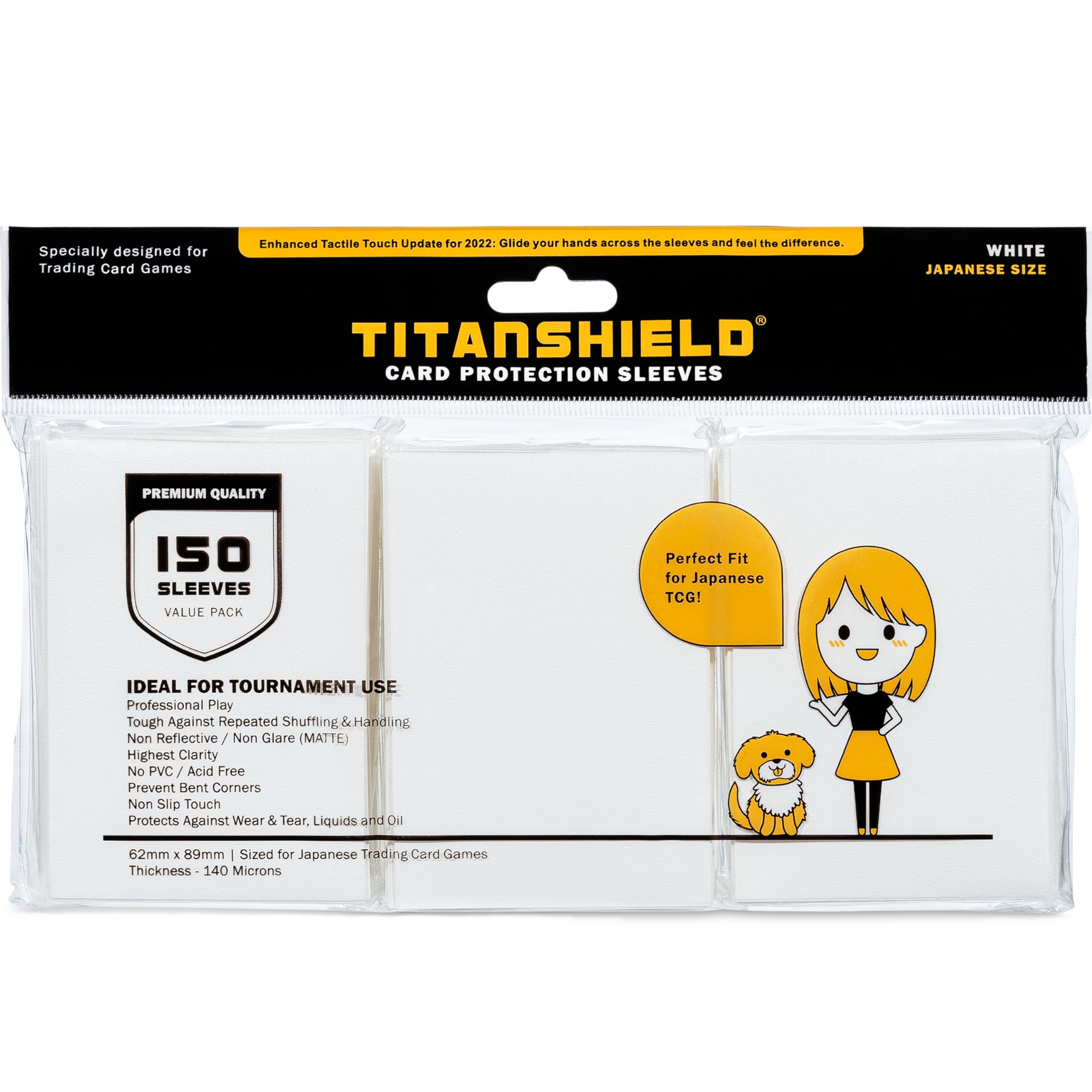 TitanShield 150 White Japanese-Size Card Sleeves – 62x89mm, 140 Micron, Dual-Textured for Yu-Gi-Oh & Vanguard