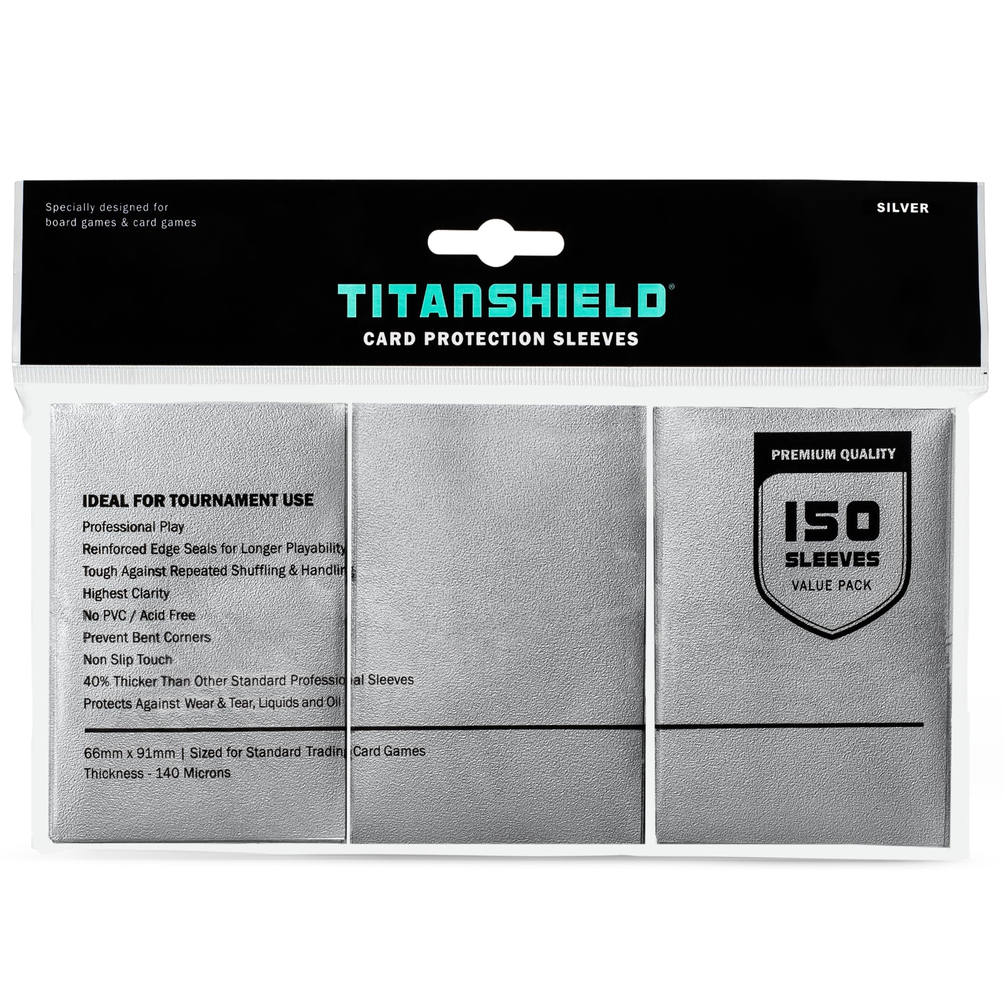 TitanShield Premium Card Sleeves - 150 Pack Standard 66x91mm Silver