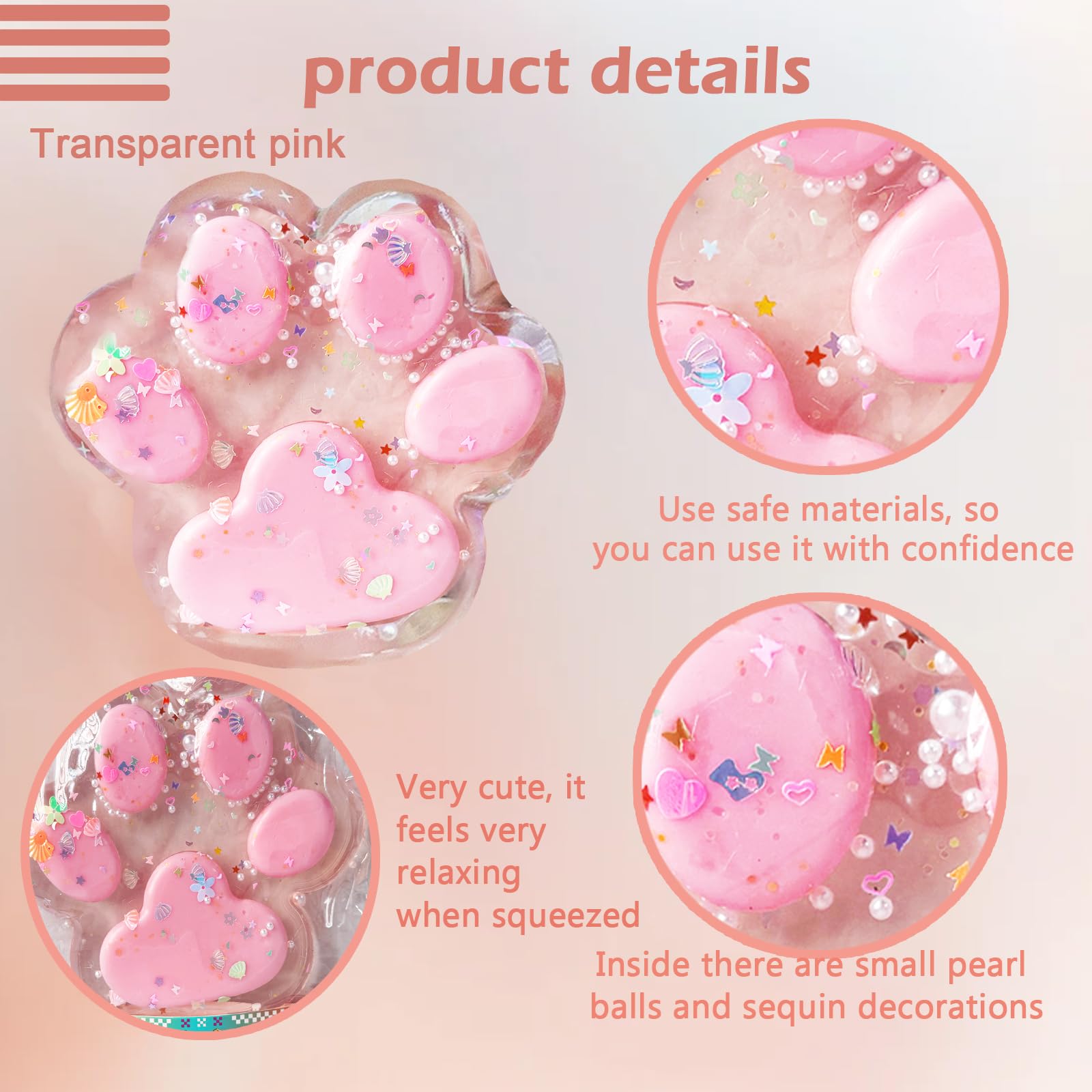 Titata Giant Furry Cat Paw Squishy Toy - Oversized Squeeze Fidget for Stress Relief - Clear & Pink