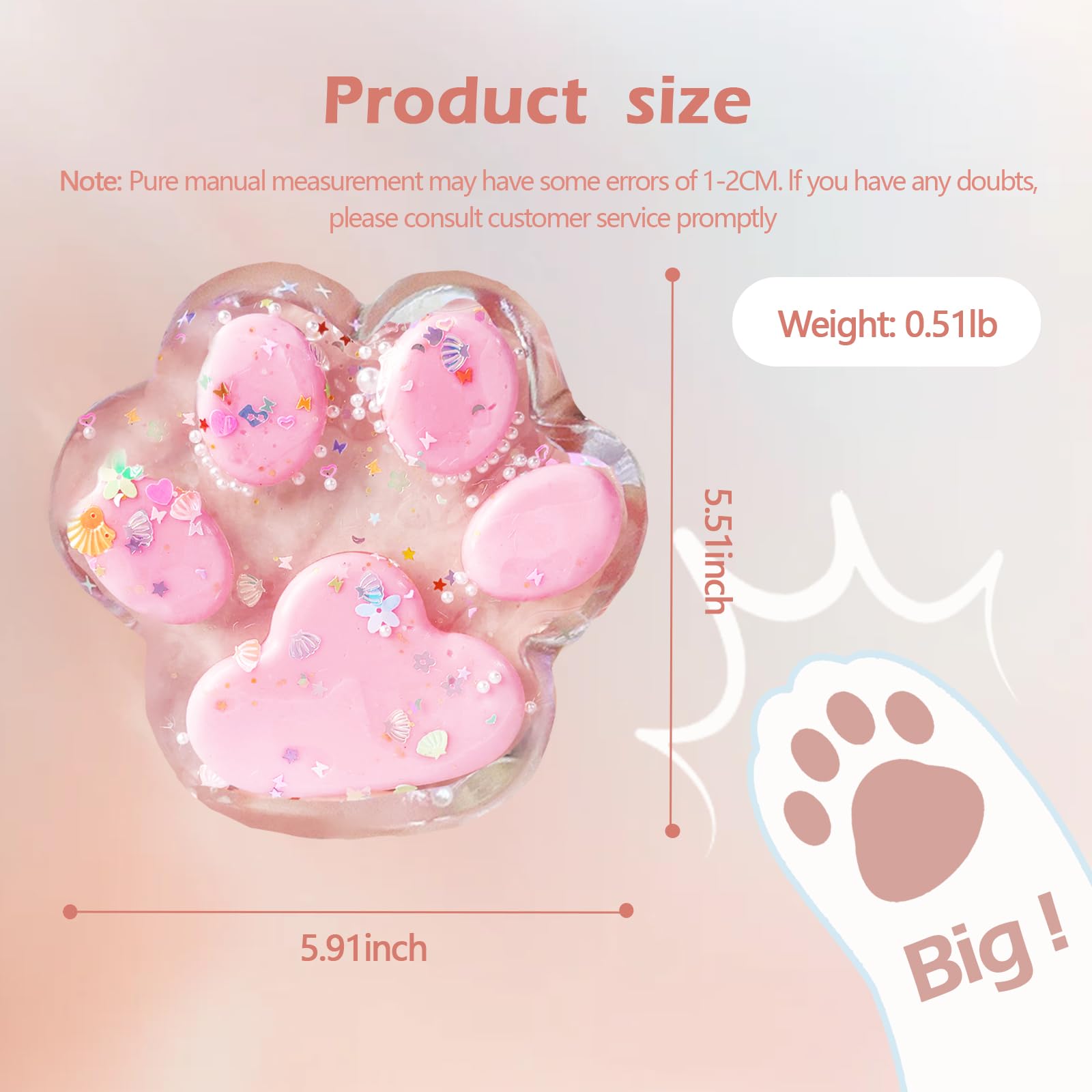 Titata Giant Furry Cat Paw Squishy Toy - Oversized Squeeze Fidget for Stress Relief - Clear & Pink