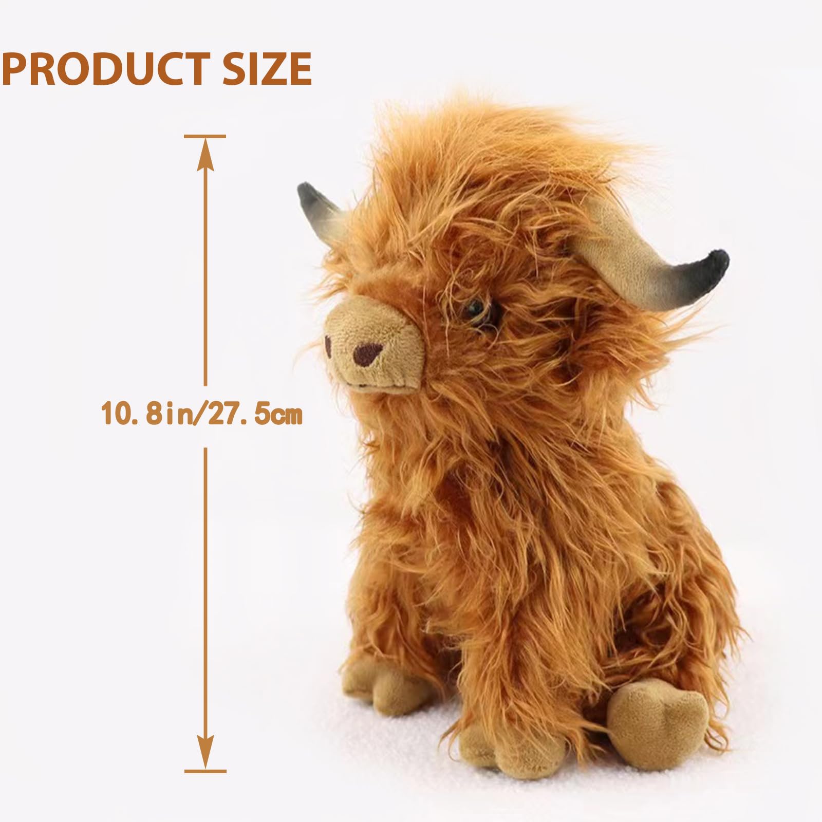 Toaje 10.8 Inch Brown Highland Cow Plush Toy - Handmade Soft Scottish Cattle Stuffed Animal