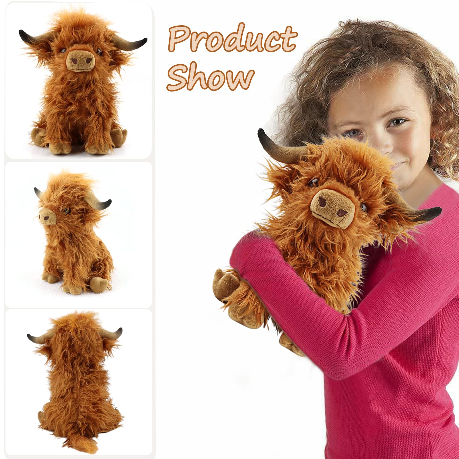 Toaje 10.8 Inch Brown Highland Cow Plush Toy - Handmade Soft Scottish Cattle Stuffed Animal