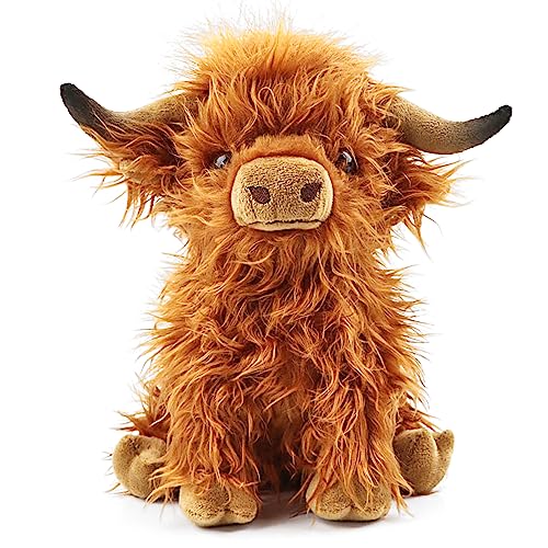 Toaje 10.8 Inch Brown Highland Cow Plush Toy - Handmade Soft Scottish Cattle Stuffed Animal