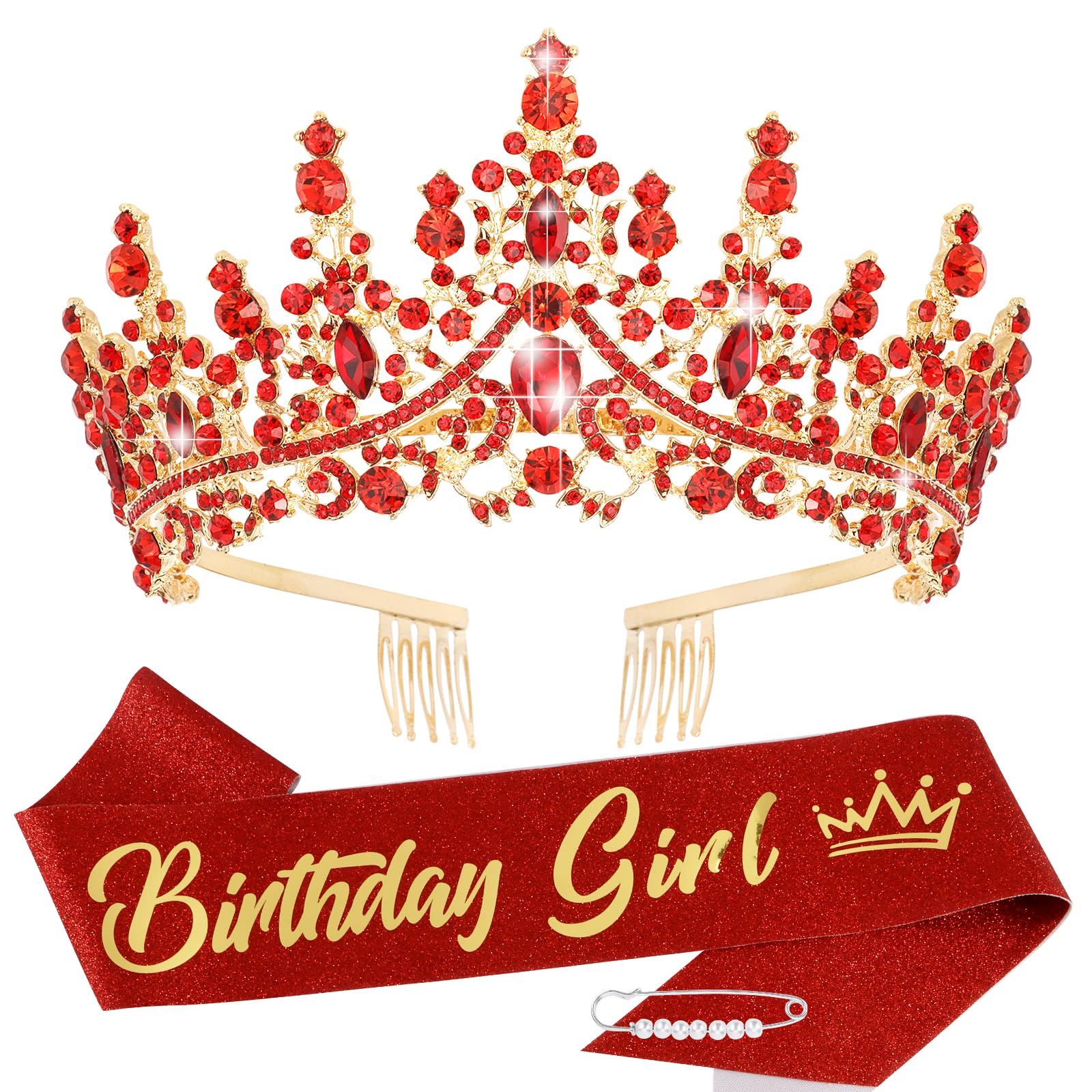 TOBATOBA Birthday Crown and Sash Set – Red Tiara and Pink Birthday Girl Sash for Women and Girls