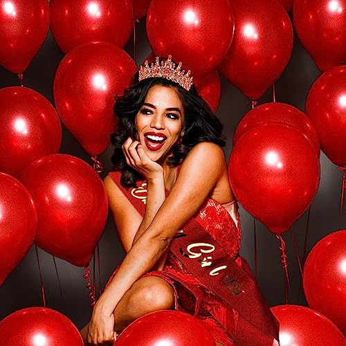 TOBATOBA Birthday Crown and Sash Set – Red Tiara and Pink Birthday Girl Sash for Women and Girls