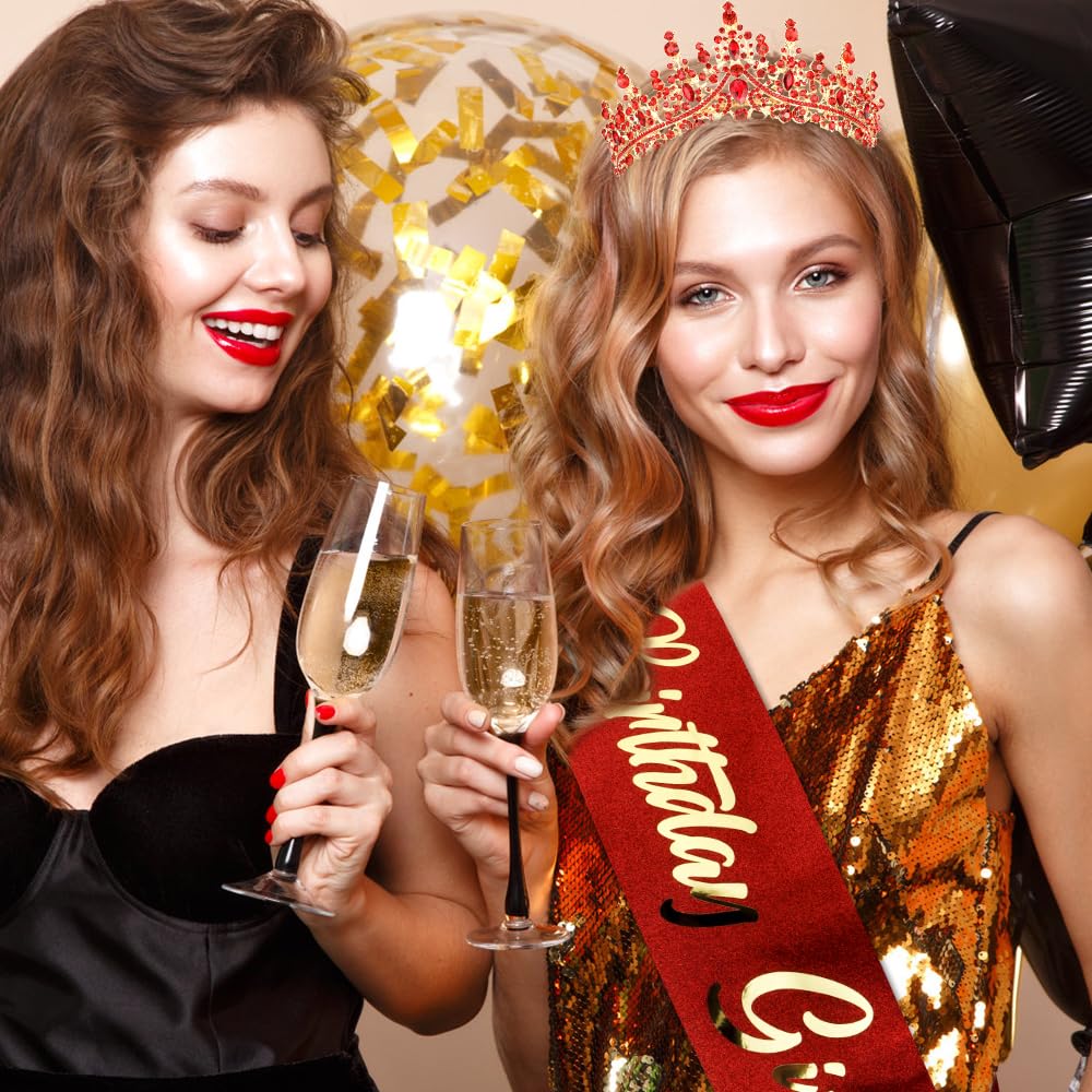 TOBATOBA Birthday Crown and Sash Set – Red Tiara and Pink Birthday Girl Sash for Women and Girls