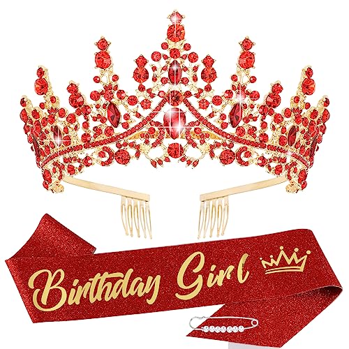 TOBATOBA Birthday Crown and Sash Set – Red Tiara and Pink Birthday Girl Sash for Women and Girls