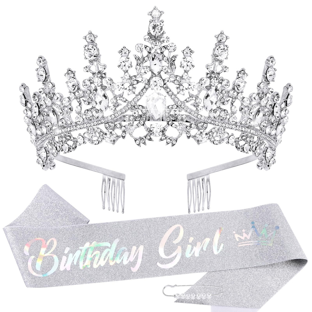 TOBATOBA Silver Princess Birthday Crown and Sash Set for Women and Girls