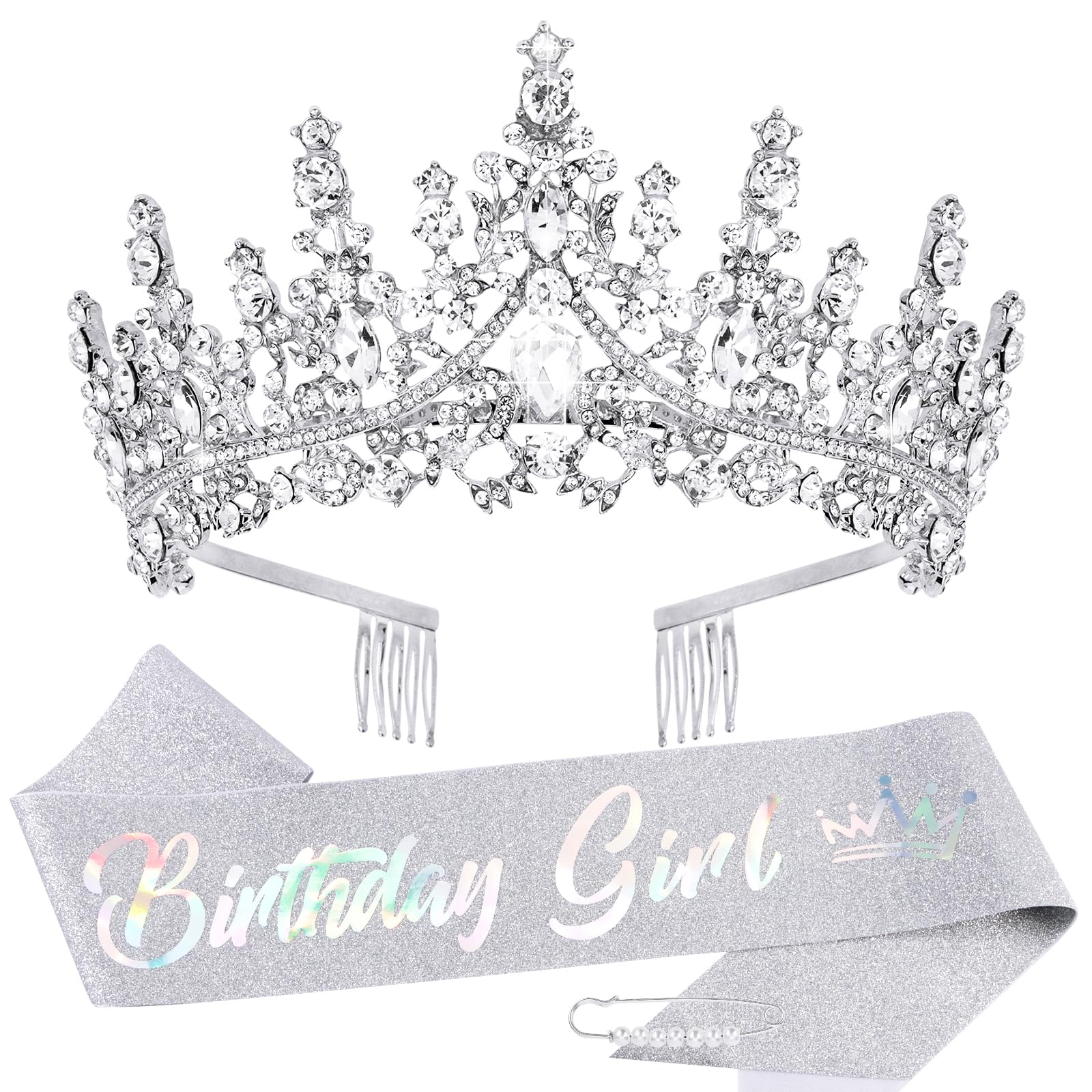 TOBATOBA Silver Princess Birthday Crown and Sash Set for Women and Girls