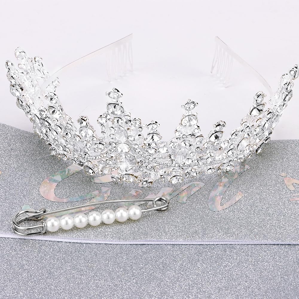 TOBATOBA Silver Princess Birthday Crown and Sash Set for Women and Girls