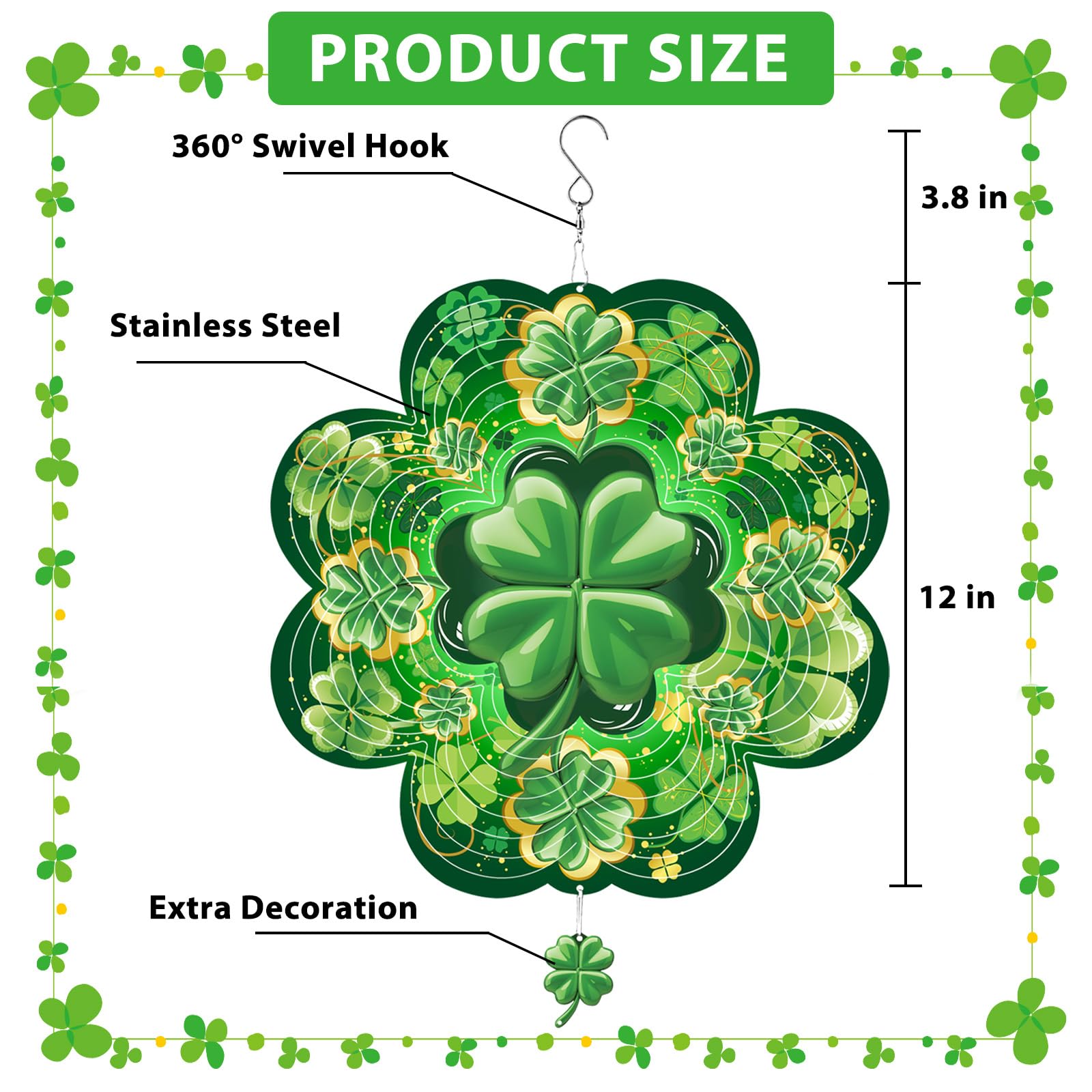 ToBeAce 12-Inch St. Patrick's Day Wind Spinner - 3D Shamrock Outdoor Decor for Garden, Yard, or Home