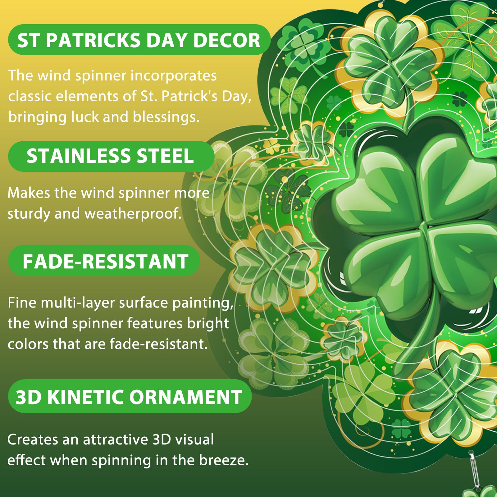 ToBeAce 12-Inch St. Patrick's Day Wind Spinner - 3D Shamrock Outdoor Decor for Garden, Yard, or Home