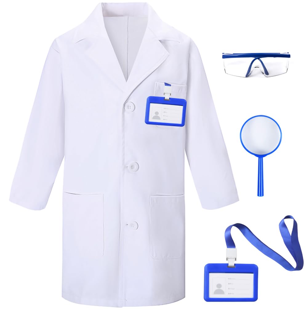 TOGROP 4-Piece Kids Lab Coat Costume - Thick White Doctor Scientist Dress-Up Set for Ages 3-12