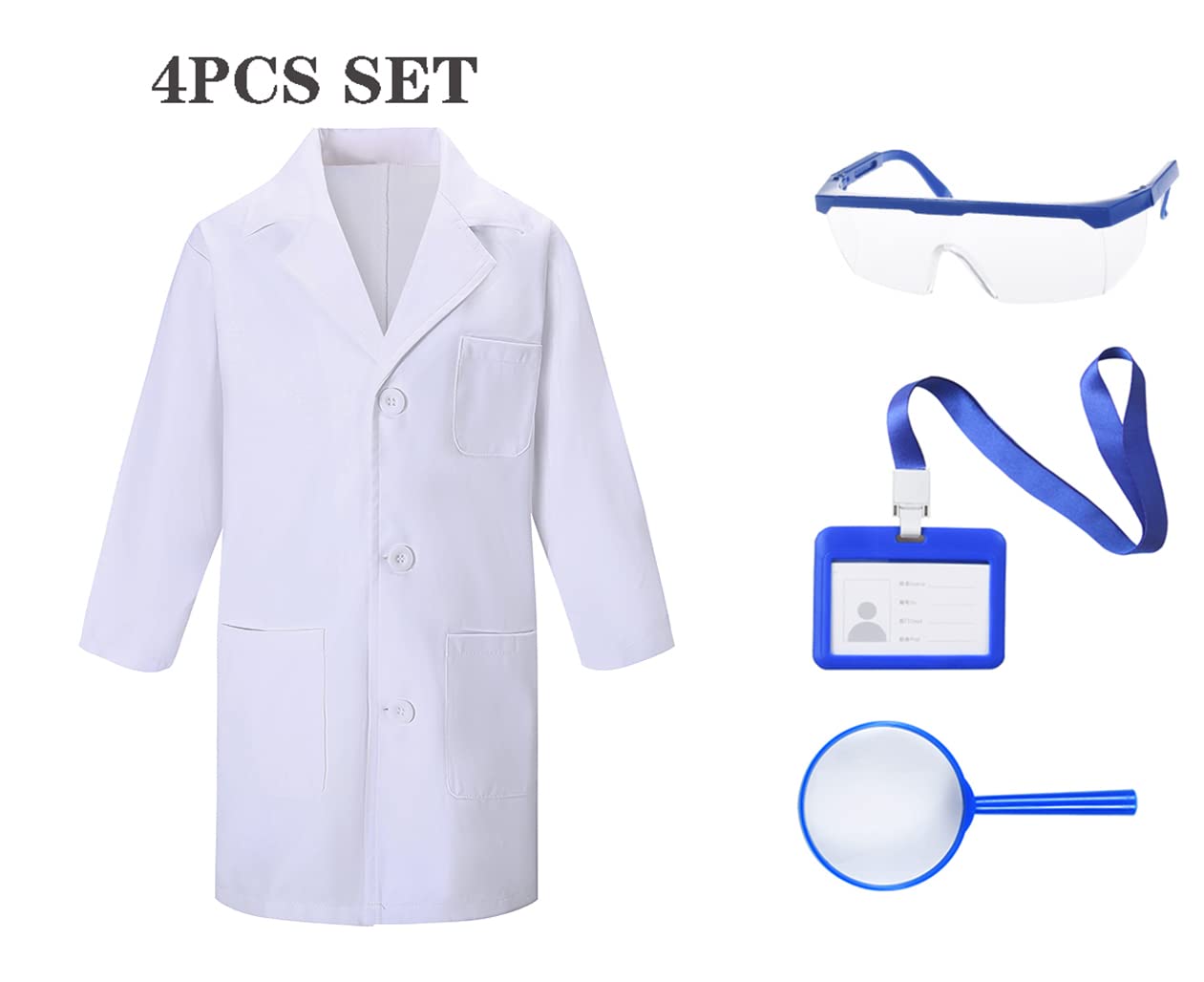 TOGROP 4-Piece Kids Lab Coat Costume Set – White, Goggles, ID Holder & Magnifier for Ages 3-12