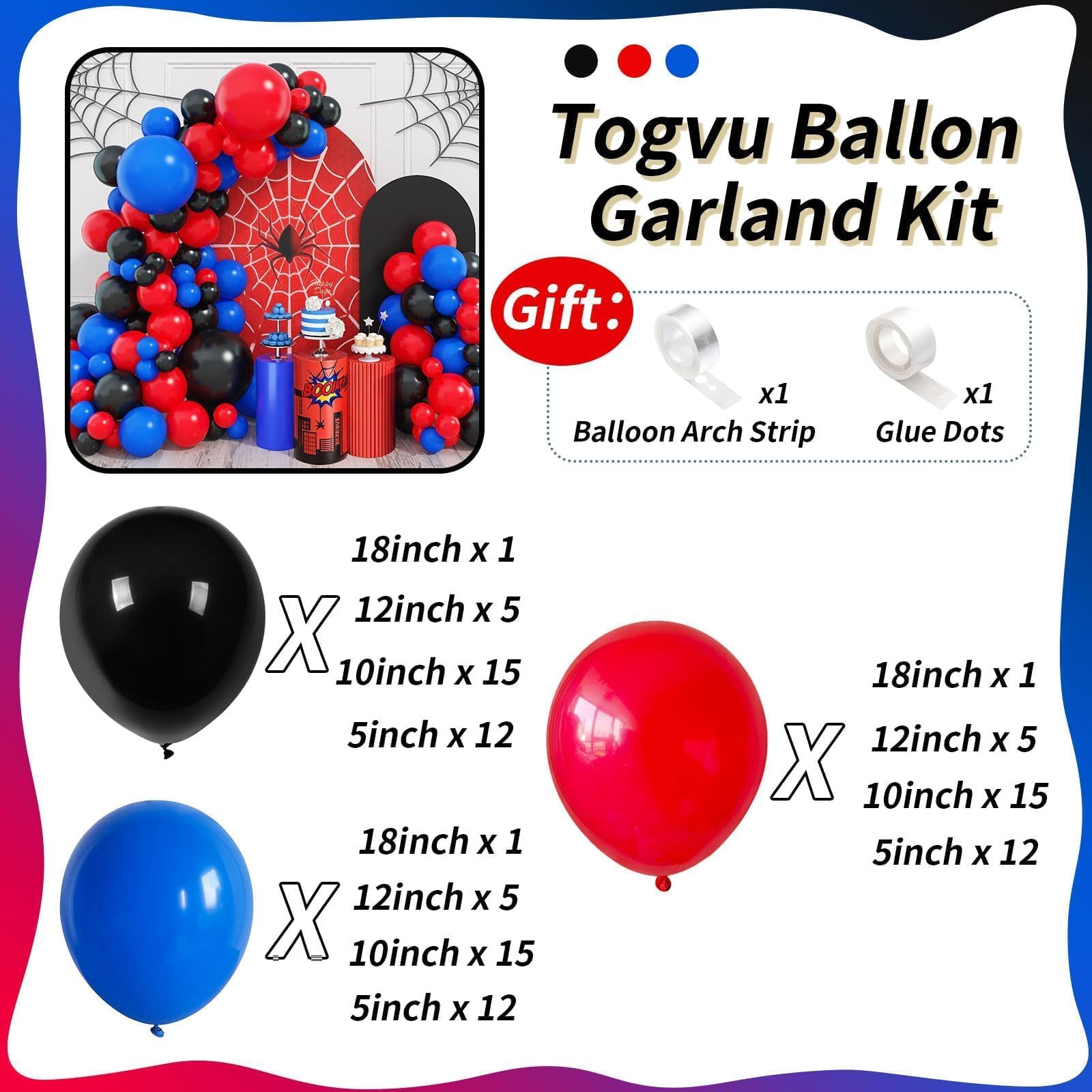 Togvu 101-Piece Red Blue Black Balloon Arch Garland Kit – Matte Latex Balloons for Birthday, Graduation, Party Decorations