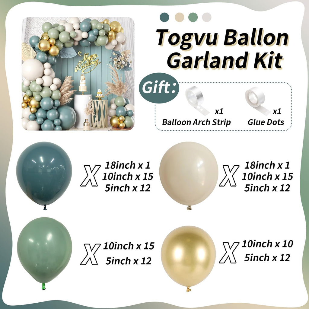 Togvu 107-Piece Dusty Sage Green Slate Blue Gold Balloon Garland Kit – Boho Pastel Balloon Arch for Birthday Wedding Baby Shower