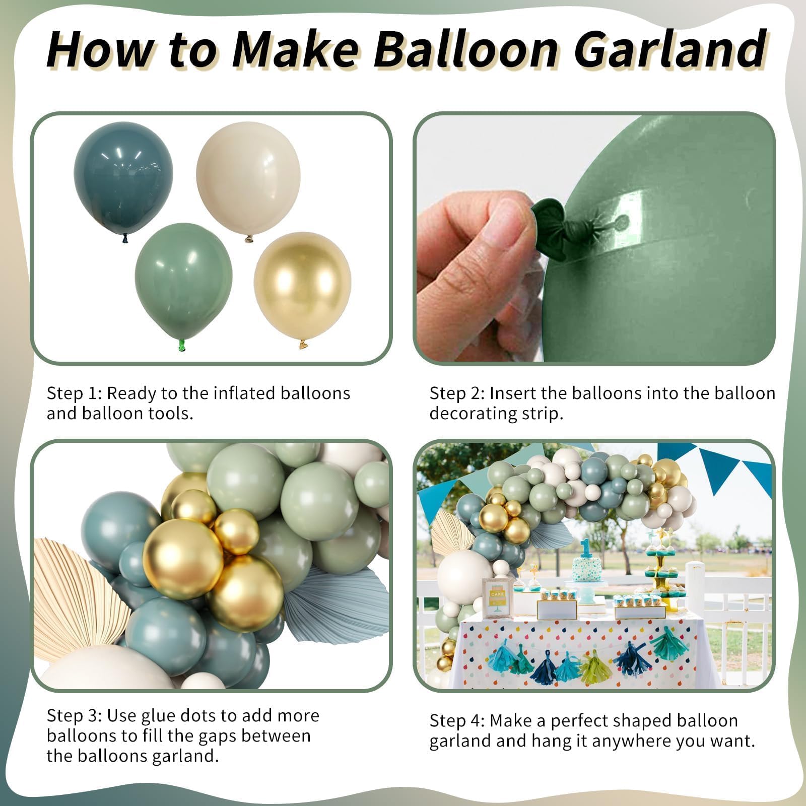 Togvu 107-Piece Dusty Sage Green Slate Blue Gold Balloon Garland Kit – Boho Pastel Balloon Arch for Birthday Wedding Baby Shower