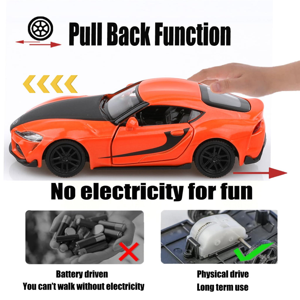 TOKAXI 1/36 Scale Toyota Supra Diecast Car – Pull Back Toy with Opening Doors, Gift for Boys and Girls