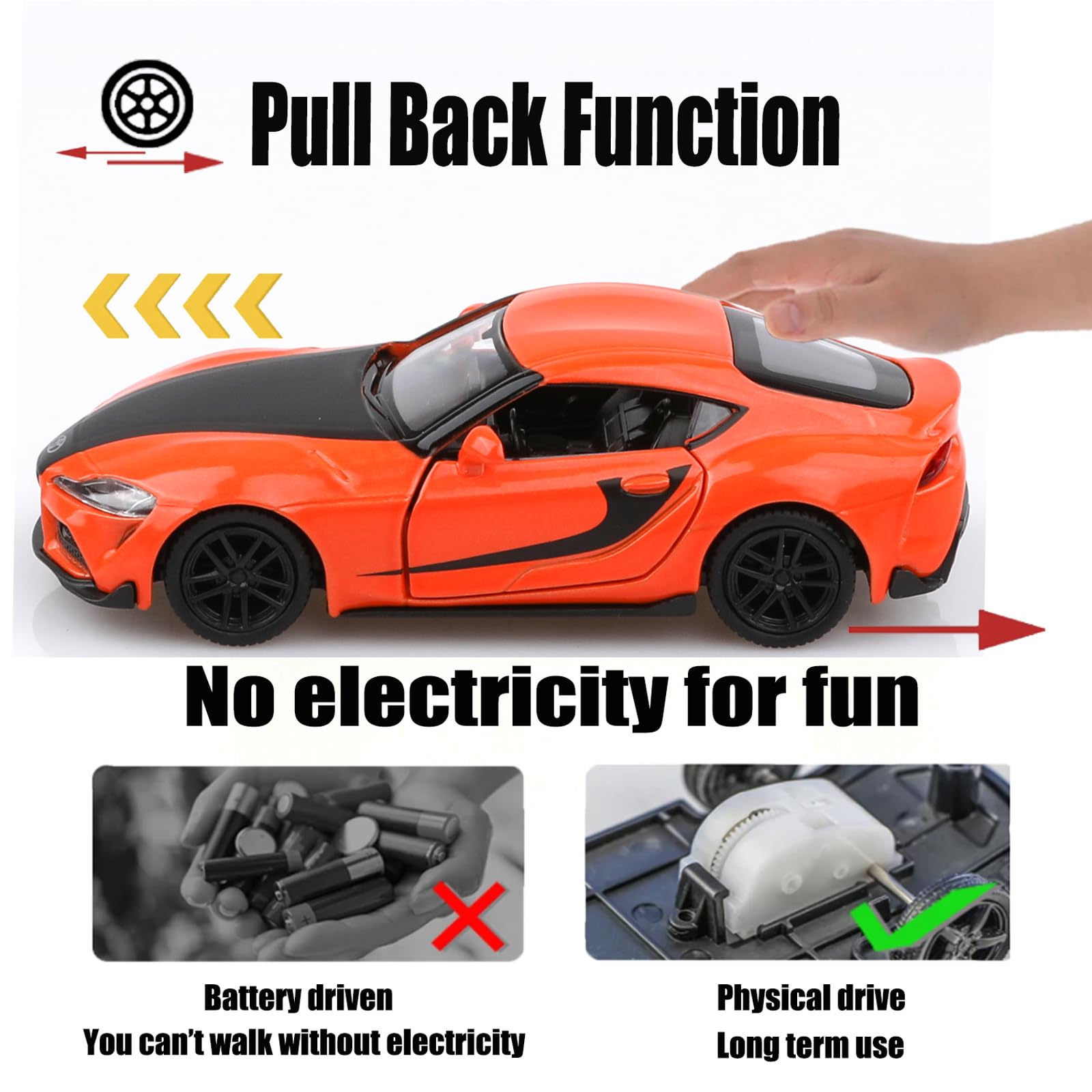 TOKAXI 1/36 Scale Toyota Supra Diecast Car – Pull Back Toy with Opening Doors, Gift for Boys and Girls