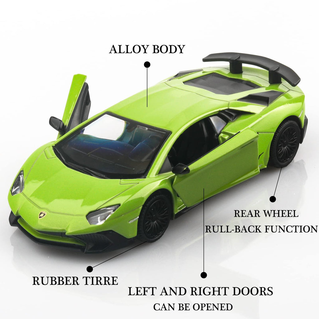 TOKAXI Lamborghini Aventador LP750-4 SV 1/36 Diecast Car - Pull Back Toy with Opening Doors, Green