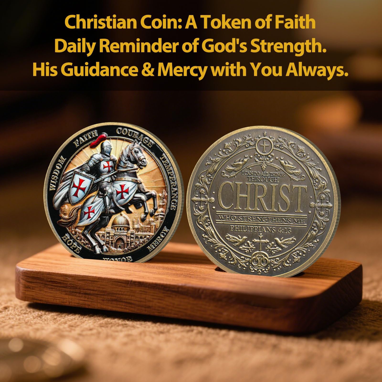 Tokenara Knights Templar Christian Challenge Coin – Philippians 4:13 Bible Verse, Zinc Alloy, 1.57 Inch, Protective Capsule