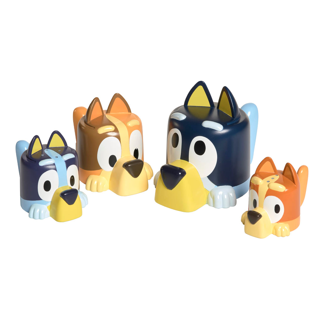 TOMY Toomies Bluey's Family Pourers - 4 Bath Cups with Bluey, Bingo, Chilli, Bandit - Stacking and Pouring Toys for Toddlers 18 Months+