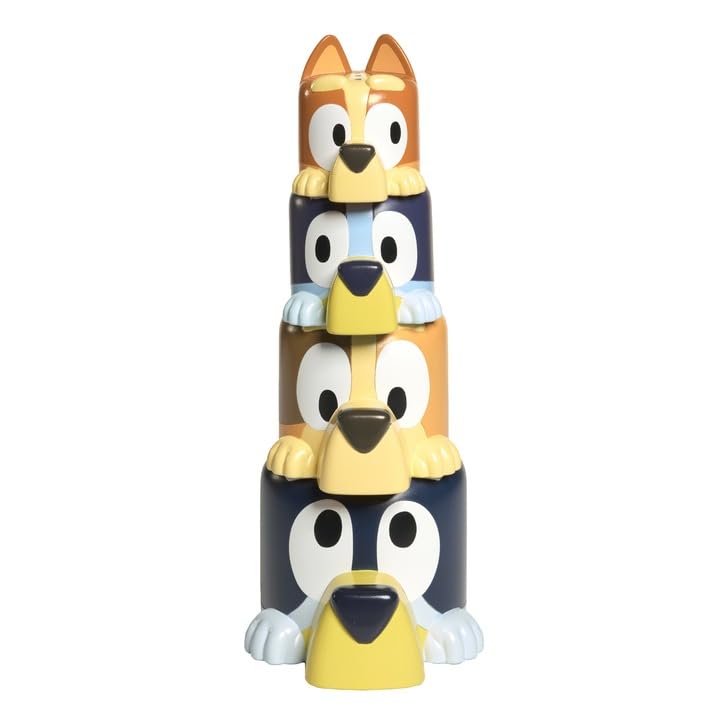 TOMY Toomies Bluey's Family Pourers - 4 Bath Cups with Bluey, Bingo, Chilli, Bandit - Stacking and Pouring Toys for Toddlers 18 Months+