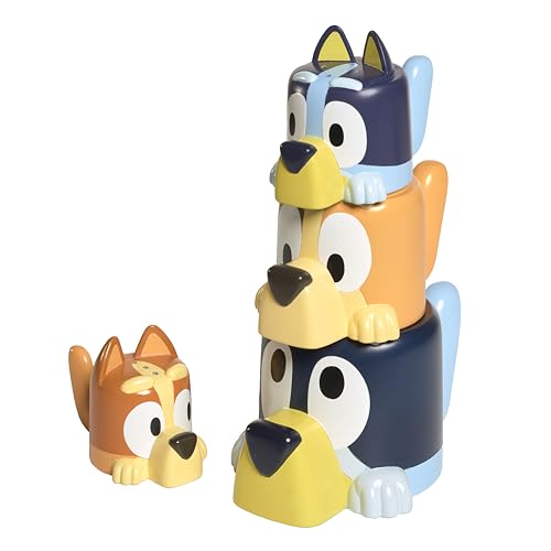 TOMY Toomies Bluey's Family Pourers - 4 Bath Cups with Bluey, Bingo, Chilli, Bandit - Stacking and Pouring Toys for Toddlers 18 Months+