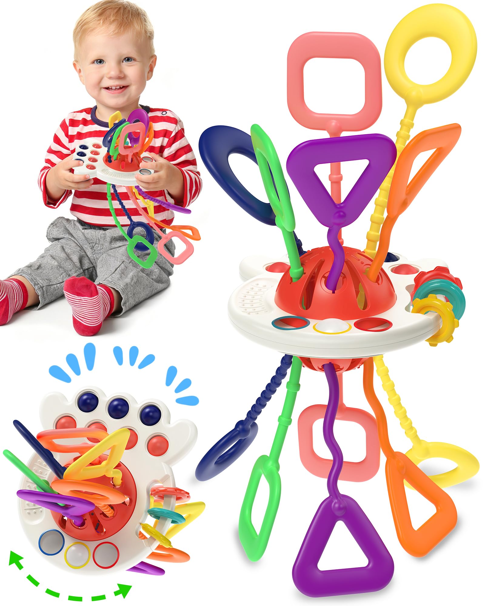 Tonberless Baby Sensory Octopus Toy – Montessori Pull String Toy for 6-18 Months, Travel-Friendly