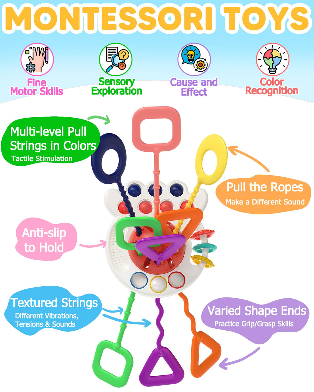 Tonberless Baby Sensory Octopus Toy – Montessori Pull String Toy for 6-18 Months, Travel-Friendly