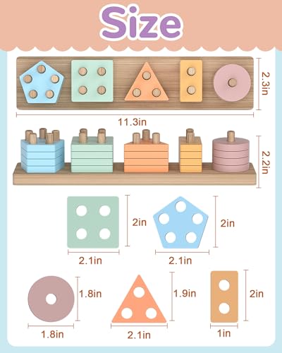 Tonberless Wooden Montessori Toys for 1-3 Year Olds - Sorting & Stacking Puzzle with 20 Pieces