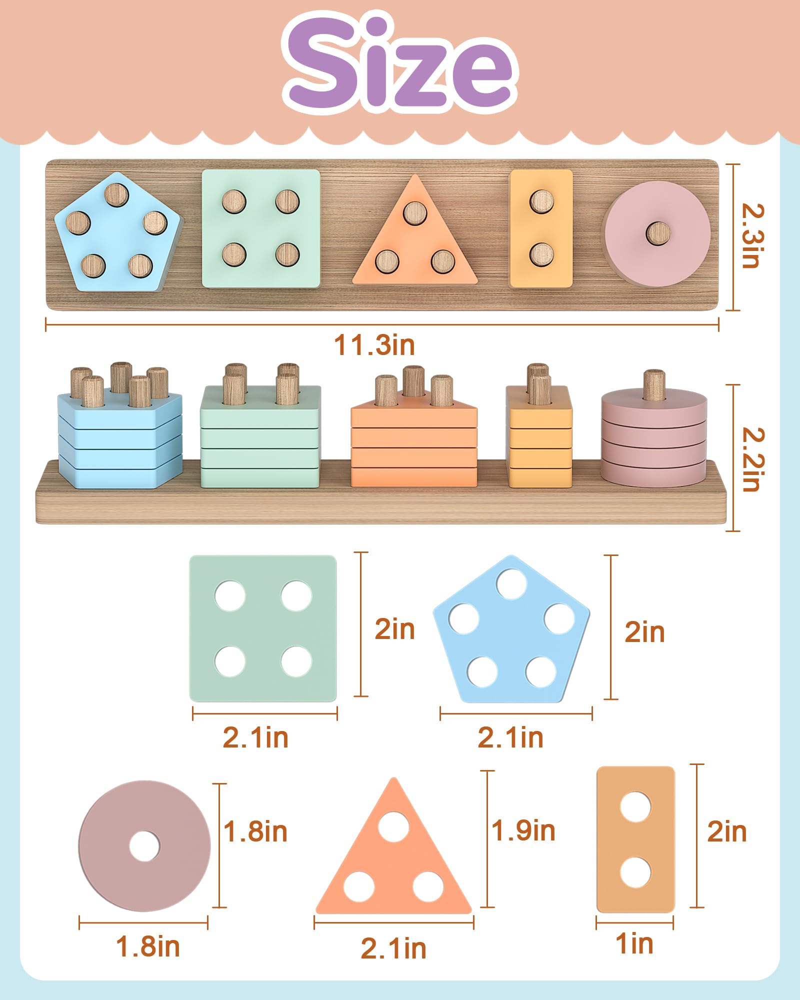 Tonberless Wooden Montessori Toys for 1-3 Year Olds - Sorting & Stacking Puzzle with 20 Pieces