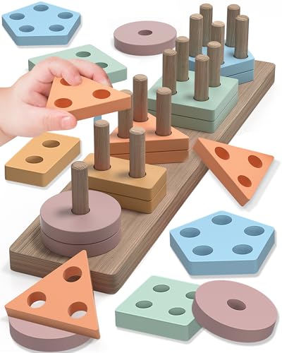 Tonberless Wooden Montessori Toys for 1-3 Year Olds - Sorting & Stacking Puzzle with 20 Pieces