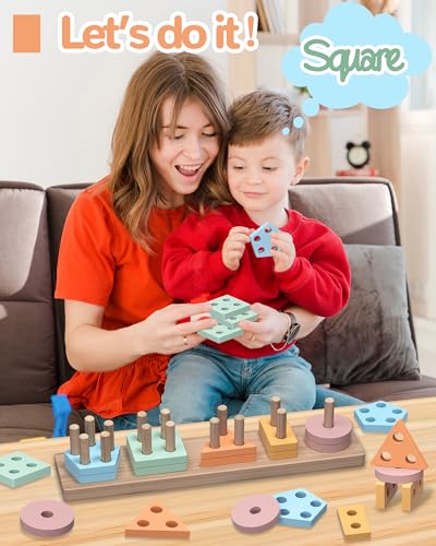 Tonberless Wooden Montessori Toys for 1-3 Year Olds - Sorting & Stacking Puzzle with 20 Pieces