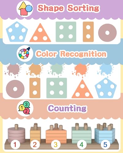Tonberless Wooden Montessori Toys for 1-3 Year Olds - Sorting & Stacking Puzzle with 20 Pieces