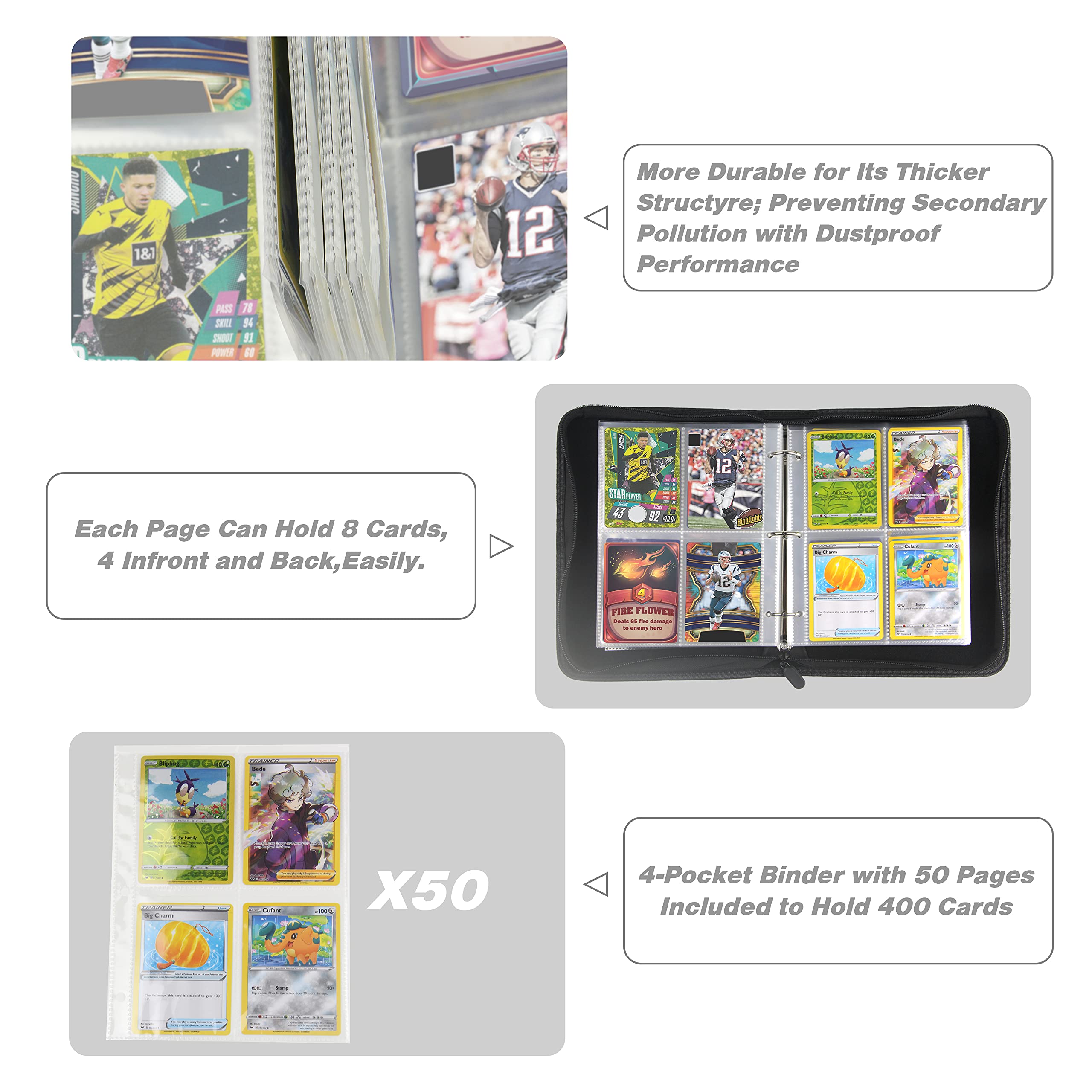 TONESPAC 400-Pocket Card Binder, Stripe Black, PU Cover with Carrying Strap for Trading Cards, Sports Cards, and More