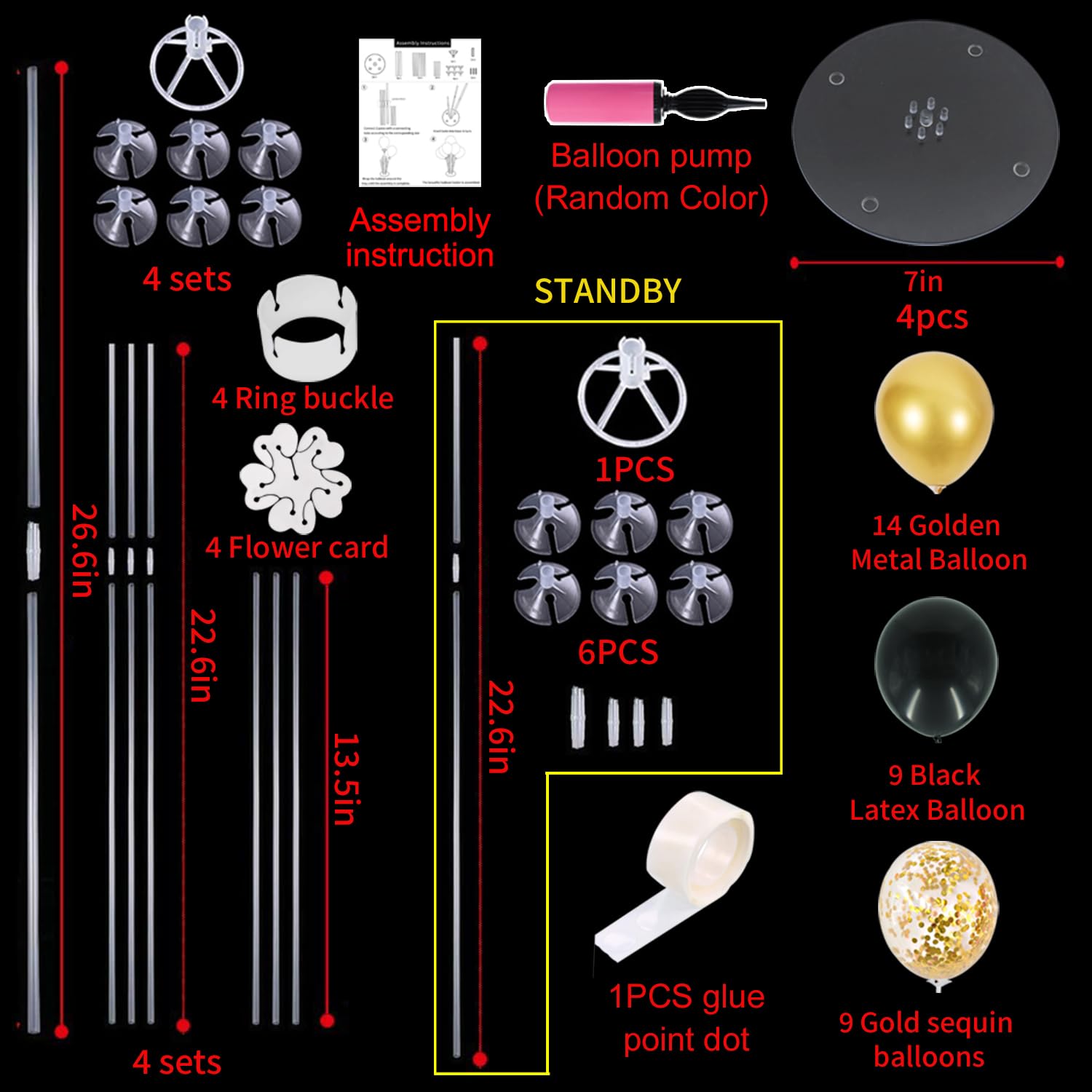 TONIFUL 4-Pack Black Gold Balloon Centerpieces for Graduation 2026, Birthday & Anniversary – Reusable Stand Kit with 32 Balloons