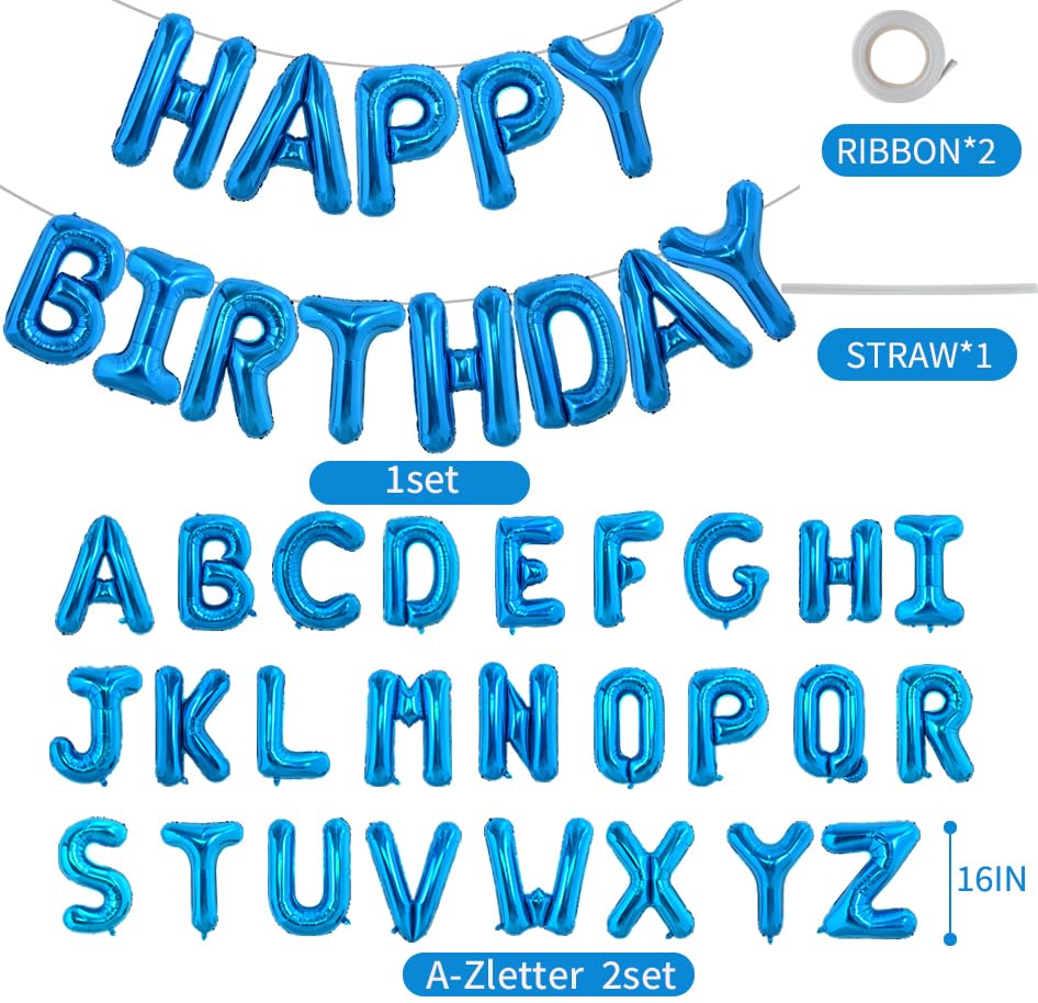 TONIFUL 65-Piece Blue Foil Letter Balloon Set - 16-Inch Happy Birthday Banner with DIY A-Z Letters