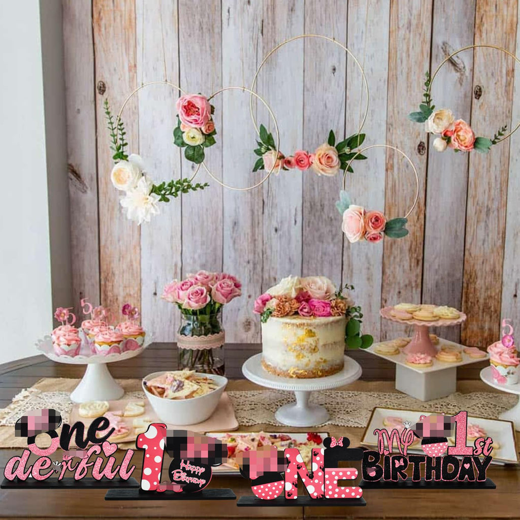 TONIFUL Pink Mouse 1st Birthday Party Centerpieces (4 Pack) – Wooden Table Decor for Girls